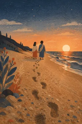 Footprints Toward Sunrise on Quiet Beach