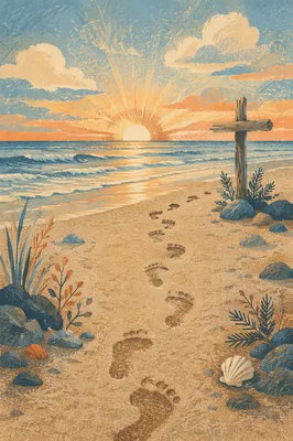 Footprints Toward Cross at Beach Sunrise