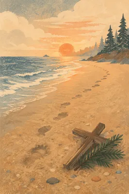 Footprints Toward Sunrise with Evergreen Cross