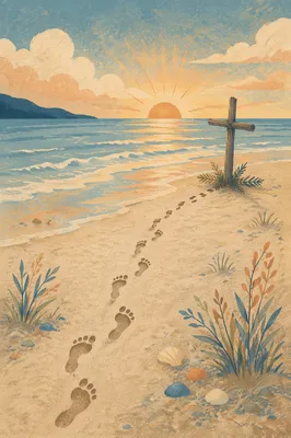 Footprints Toward Driftwood Cross at Sunrise