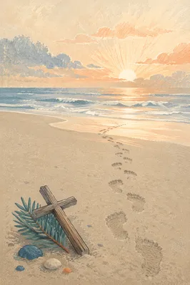 Footprints Toward Sunrise with Driftwood Cross