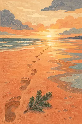 Footprints Toward Sunrise with Evergreen Sprig