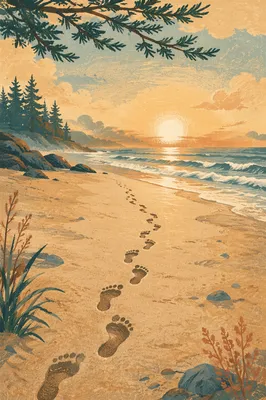 Footprints Toward Sunrise on Evergreen Beach