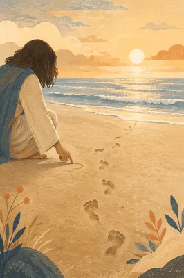 Footprints in Sand at Beach Sunrise
