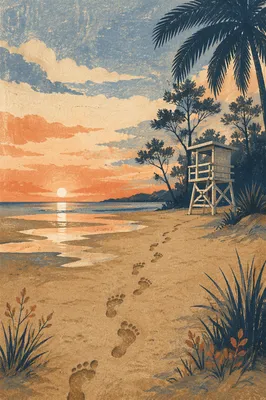 Footprints Toward Sunrise on Quiet Beach