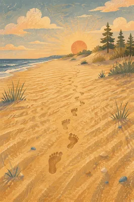 Footprints Toward Sunrise on Quiet Beach