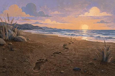 Footprints in Sand at Peaceful Sunrise