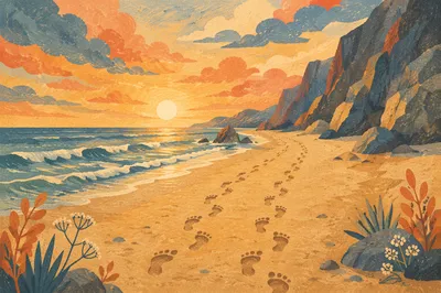Footprints Toward Sunrise on Quiet Beach