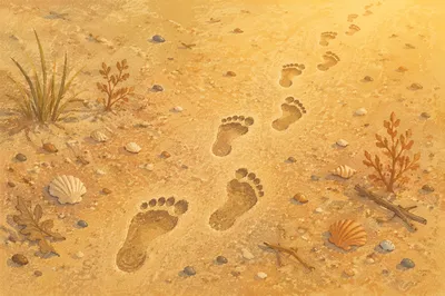 Sunrise Footprints Across Golden Beach Sand