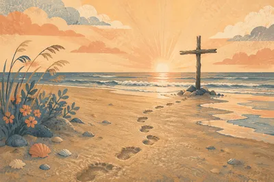 Footprints Leading to Driftwood Cross at Sunrise