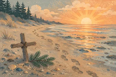 Footprints at Sunrise with Evergreen Cross