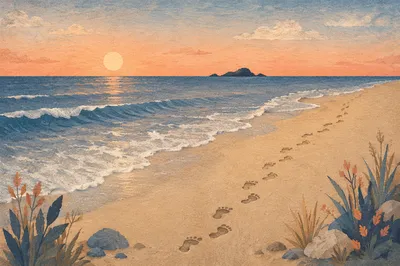 Sunrise Footprints Along Peaceful Sandy Shore