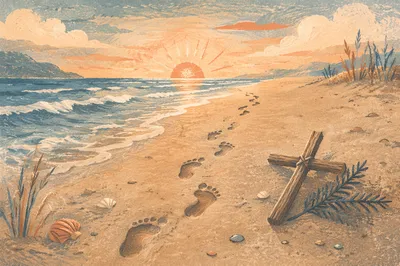 Footprints Leading to Driftwood Cross at Sunrise