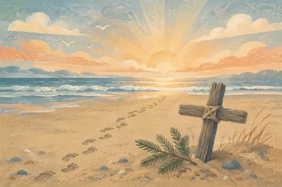 Footprints Toward Sunrise with Driftwood Cross