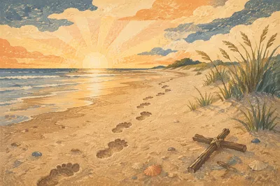 Footprints Toward Sunrise with Driftwood Cross