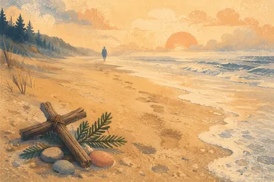 Footprints Toward Sunrise with Driftwood Cross