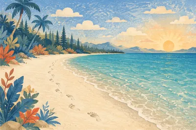 Footprints on Tropical Beach at Sunrise