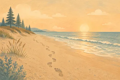 Footprints on Sunrise Beach with Evergreens