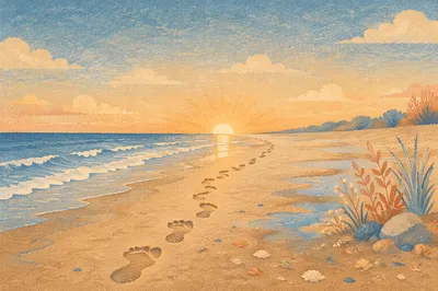 Footprints Along Quiet Beach Sunrise