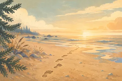 Footprints in Sand at Coastal Sunrise