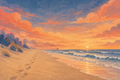 Footprints on Sandy Beach at Sunrise