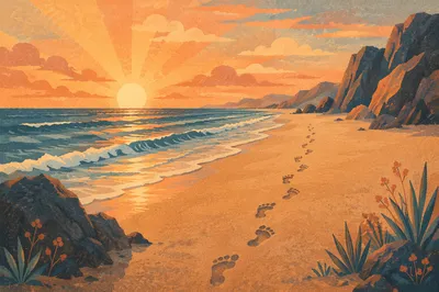 Footprints Leading Across Sunrise Beach