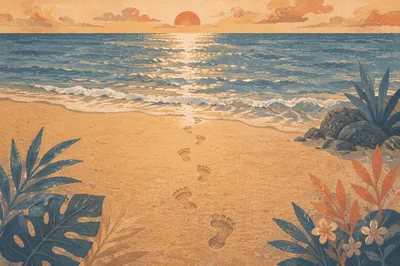 Footprints in Sand at Sunrise Shore