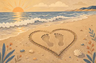 Footprints in Sand Heart at Sunrise