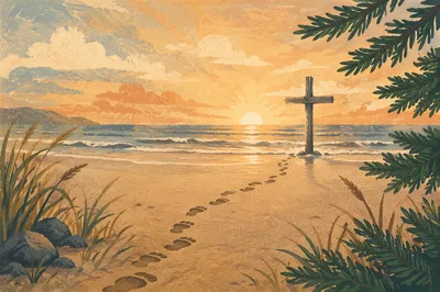Footprints Leading to Cross at Sunrise