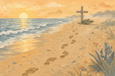 Footprints Toward Driftwood Cross at Sunrise