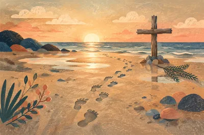Footprints Leading to Driftwood Cross at Sunrise