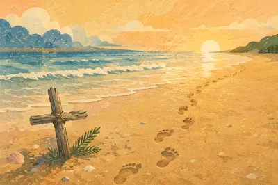 Footprints at Sunrise Beside Driftwood Cross