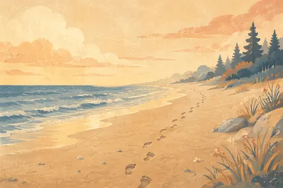Footprints on Sunrise Beach with Evergreens