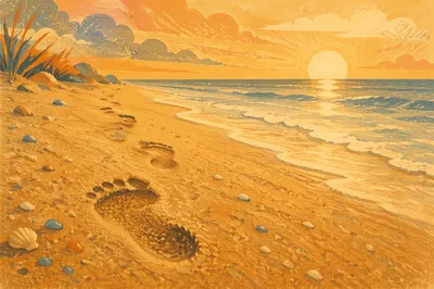 Sunrise Footprints Along Golden Beach Sand