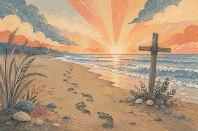 Footprints to Driftwood Cross at Sunrise