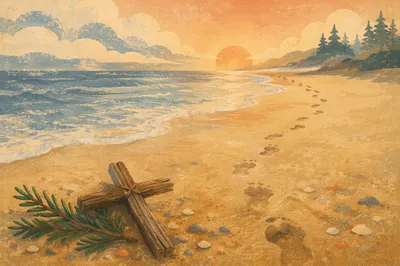 Footprints at Sunrise with Evergreen Cross