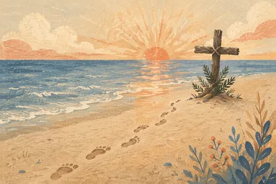 Footprints to Driftwood Cross at Sunrise