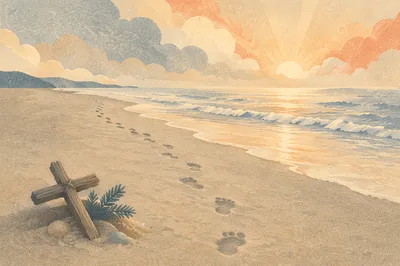 Footprints Toward Sunrise with Driftwood Cross