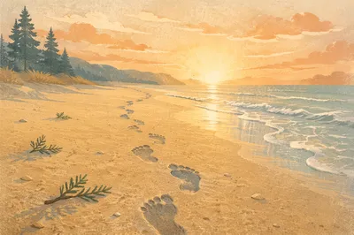 Footprints Toward Sunrise on Peaceful Beach
