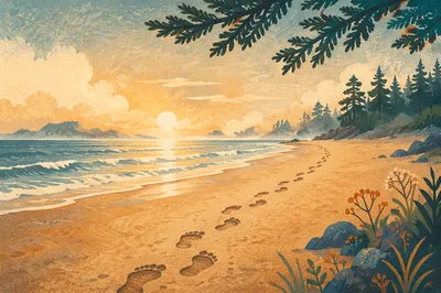 Footprints Toward Sunrise on Evergreen Shore
