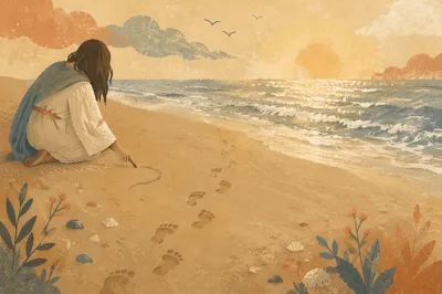 Footprints in Sand at Peaceful Beach Sunrise