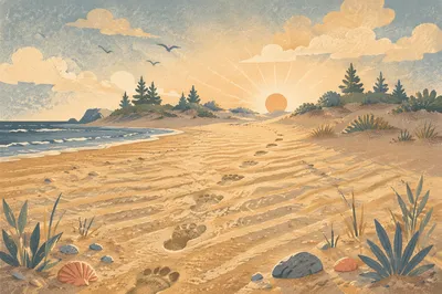 Footprints in Golden Sand at Sunrise