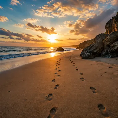 Footprints on Sunrise Beach Toward Horizon