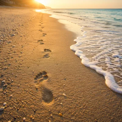 Footprints in Sand at Peaceful Beach Sunrise