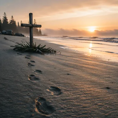 Footprints Toward Driftwood Cross at Sunrise
