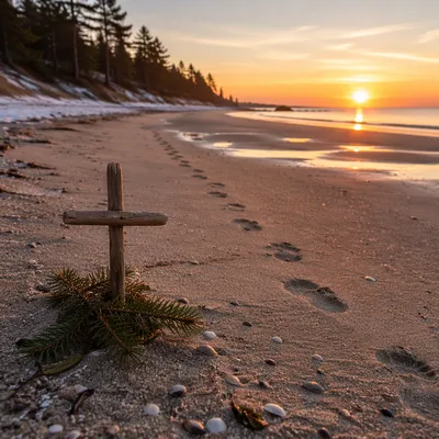 Footprints Toward Sunrise with Driftwood Cross