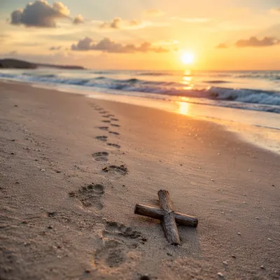 Footprints and Driftwood Cross at Sunrise