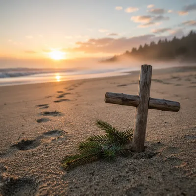 Footprints Toward Sunrise With Driftwood Cross