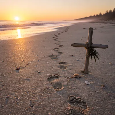 Footprints Toward Sunrise with Driftwood Cross