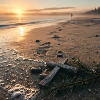 Footprints Toward Sunrise with Driftwood Cross